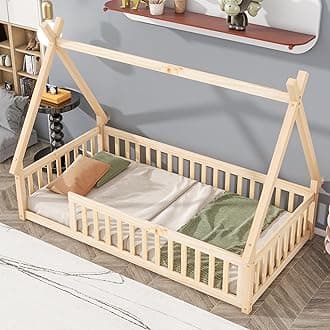 PVWIIK Twin Floor Bed with Safety Guardrails & Slats,Montessori Floor Bed Slats for Kids Bedroom,Space Saving Design,No Box Spring Needed, Natural