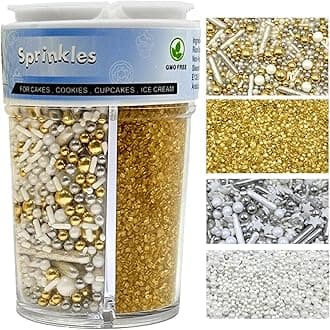Sprinkles for Cake Decorating, Gold Sanding White Pearl Silver Jimmies Sprinkles Mix for Ice Cream Brownie Cookie Cupcake Baking Decorations