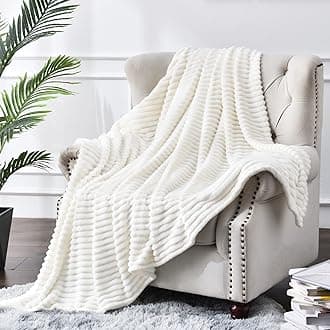 Fleece Throw Blanket for Couch – 3D Ribbed Jacquard Soft and Warm Decorative Fuzzy Blanket – Cozy, Fluffy, Plush Lightweight Off White Throw Blankets for Bed, Sofa, 50x60 inches