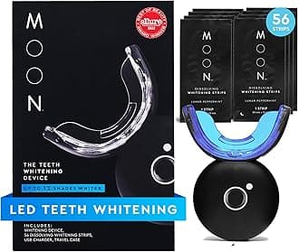 MOON Teeth Whitening Kit, LED Light Teeth Whitener Device, 56 White Strips, USB Charger & Travel Case, Blue Light Whitening Tray Removes Stains & Whitens Up to 12 Shades in 2 Weeks (4 Piece Kit)