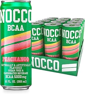 NOCCO BCAA Drink Peachango - 12 Fl Oz (Pack of 12) - 0mg of Caffeine, 5000mg of BCAAs – Sugar & Caffeine Free Low Calorie Carbonated Drink with Vitamin B6, B12, Biotin - Grab & Go Performance Drink