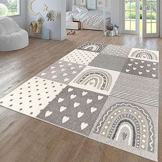 TT Home Nursery Area Rug Kids Rug For Bedroom Girls Boys Modern Rainbow Cloud Rug Animal Motif Colourful, colour:Grey Beige, Size:80x150 cm