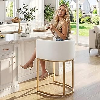 HNY Modern Barrel Counter Height Gold Bar Stool, 24 Inch Kitchen Bar Stool with Back, PU Leather Barstool Bar Height for Island with Golden Metal Tubular Frame, White