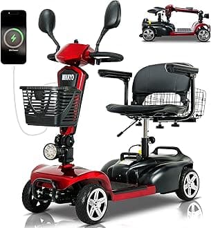 MIHAYO 4 Wheel Mobility Scooter for Seniors&Adults- 25 Miles Range, Foldable Powered Electric Wheelchair Device w/600WH Battery,Only 8 lb Weight, Dual Basket, 300 lb Capacity, Compact,Red