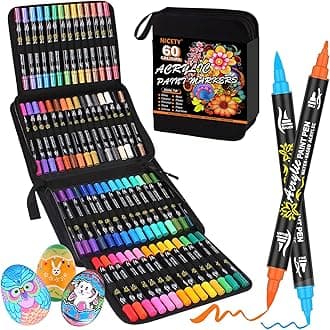 NICETY 60 Colors Acrylic Paint Markers, Dual Tip Acrylic Paint Pens with Fine Tip and Brush Tip Pens for Rock Painting, Canvas, Wood, Ceramic, Glass, Stone, Fabric, DIY Crafts & Art Supplies