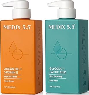 Medix 5.5 Glycolic Acid Exfoliating Face & Body Wash Cleanser + Argan Oil Moisturizing Body Cream Lotion 2PC Skin Care Set | Alpha Hydroxy Acid & Lactic Acid Foaming Face Wash, 2PC Set