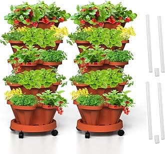 Strawberry Vertical Planters 2 Pack, 5 Tiered Stacking Tower Garden with Support Pole, Stackable Herb Vegetable Planters Indoor Outdoor Terra Cotta
