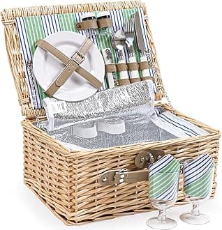 Wicker Picnic Basket for 2 Person, Willow Hamper Basket Sets with Insulated Compartment, Handmade 2 Person Picnic Basket Classical Green Stripe with Utensils Cutlery Perfect for Picnic, Camping