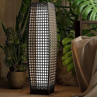 Grand patio Outdoor Floor Lamp Solar Powered Lantern Water-Resistant Wicker Deck Light for Garden or Porch -Large Fuji, Silver Gray