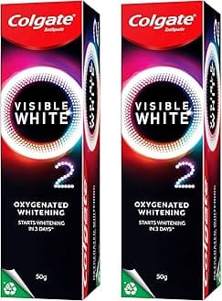 Visible White O2, Teeth Whitening Toothpaste (50g) for noticeably whiter teeth starting in 3 days. Peppermint Sparkle with Active Technology, Enamel Safe Teeth Whitening (Pack of 2)