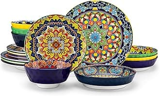 vancasso 16 Pieces Plates and Bowls Set, Bohemian Style Dinnerware Sets Service for 4, Porcelain Boho Dishes Set for Kitchen, Housewaring Gift, Dishwasher and Microwave Safe, Series KRVI