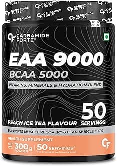 Carbamide Forte Eaa Supplement with Bcaa 5000Mg | Eaa intra workout Supplement for Men & Women with Hydration Blend & Vitamins – Peach Iced Tea Flavour - 50 Servings - Powder 300G