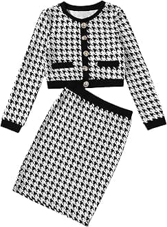 Girl's Two Piece Outfits Houndstooth Button Decor Crop Blazer Jacket and Skirt Sets