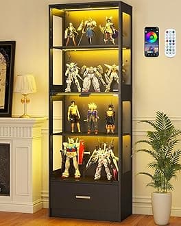 Glass Display Cabinet with Doors - Curio Cabinet with Dynamic LED Lights for Collectibles, 67" Display Case with 4 Tier and Drawer for Figure, Toys, Books, Black(Narrow)