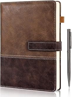 Leather Notebook Journal with Pen, A5 Lined Hardcover Notebook with Magnetic Closure, 240 Pages Daily Journal for Men Women, Ruled Journal Notebooks for Work, Writing, Note Taking - Brown