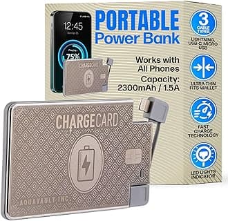 AquaVault ChargeCard Portable Phone Charger & Power Bank - Fast Charging and Compact – Interchangeable Cables (Lightning, USB-C, Micro USB) - Credit Card Sized Battery Pack (Platinum)