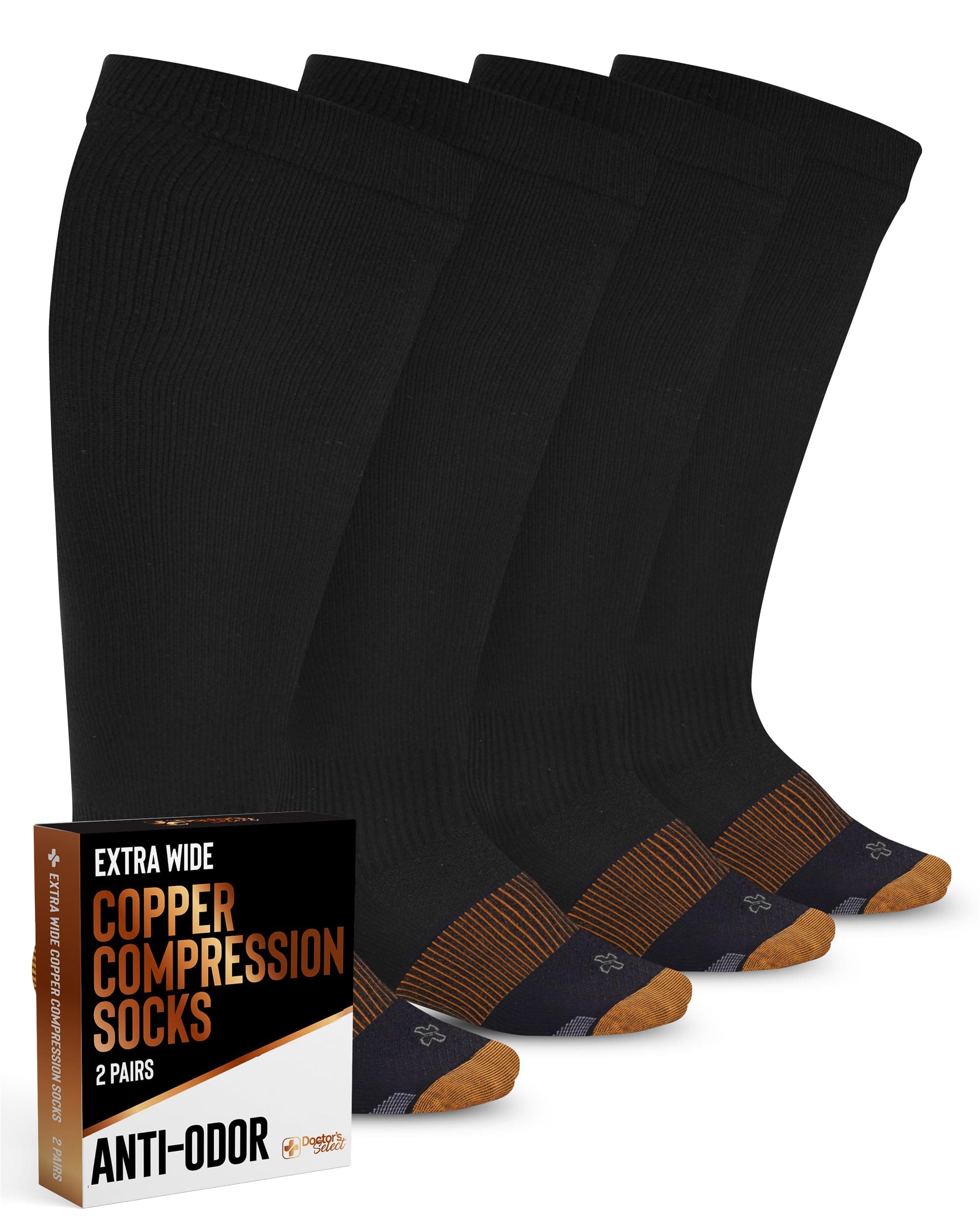 Doctor's Select Copper Plus Size Compression Socks Wide Calf - 2 Pairs | 20-30mmHg Extra Wide Calf Compression Sock Women | Copper Socks for Swelling, Varicose Veins | Extra Wide Calf Compression Sock | Black Wide Compression Socks for Women & Men