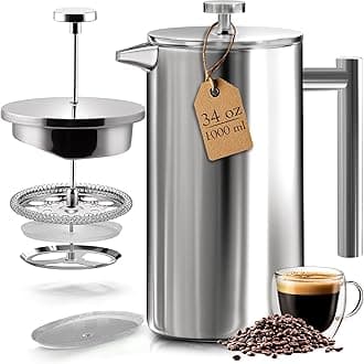 KICHLY French Press Coffee Maker, 1 Litre (8 Cups) Double Wall Stainless Steel Cafetiere, Silver – Insulated Coffee Press (Pack of 1)