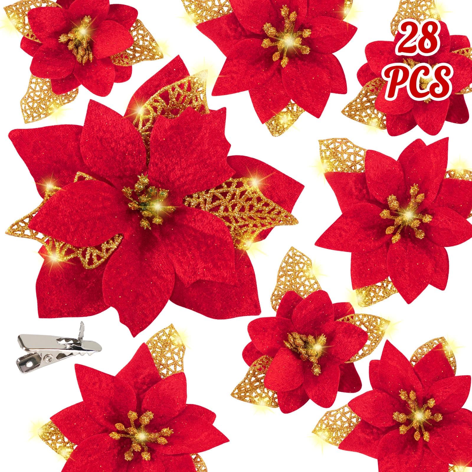 Geefuun 28PCS Christmas Tree Decorations: Poinsettias Artificial Flowers Ornaments Xmas Red Glitter Flower with Clips,3 Sizes Not Included Stems