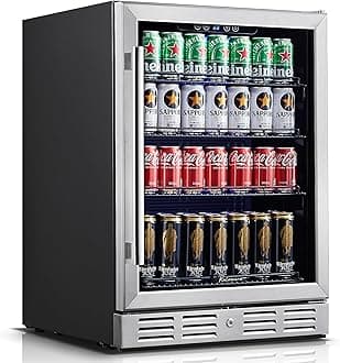 24 Inch Under Counter Beverage Fridge -Max 164Cans Capacity Drink cooler,Wide 24''Perfectly for Built in Space, Adjustable shelves for any size beverage/beer/soda Transparent door Refrigerator