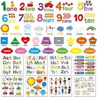 Educational Wall Decals Stickers Decor 12 Sheets Alphabet Number Animal Color Weather Inspirational Quotes Wall Decals Peel and Stick Removable Stickers for Kids Classroom Playroom Bedroom Decorations