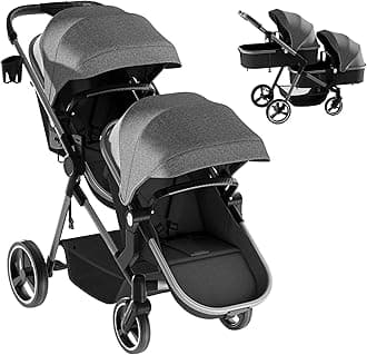 Double Stroller, Foldable Twin Tandem Stroller with Adjustable Backrest, Reversible Seat, 5-Point Harness, Storage Basket, Convertible Baby Bassinet for Infant and Toddler, Gray
