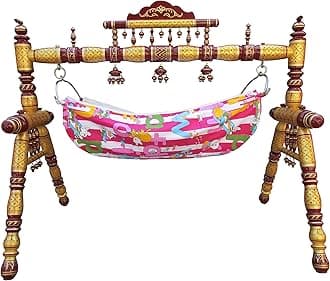 Hastakala Bazaar Baby Cradle Ghodiyu Age 0-3 Years, Wood Baby Swing, Folding Cradle with Cotton Cloth Mosquito net, Strong Wooden Cradle Baby Care Item Classic Design ghodiya (Pearl Yellow Cherry)