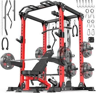 Power Cage Multi-Function Power Rack with Cable Crossover System,1800 LBS Capacity Squat Rack with Weight Bench,for Home Gym