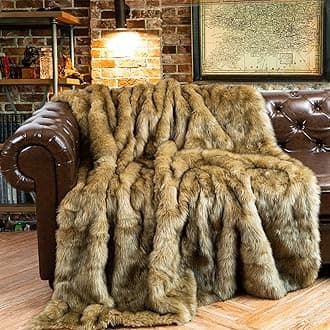 BATTILO HOME Golden Faux Fur Throw Blanket for Couch Sofa, Long Pile Fur Blankets and Throws, Elegant, Fluffy Thick Warm Heavyweight Fur Blanket Reversible to Plush Velvet, 50"x60"