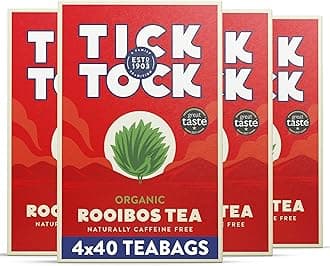 Tick Tock Organic Rooibos Tea Bags, Caffeine-Free, Pack of 4 x 40 (160 Teabags), Biodegradable, Redbush Tea Bags