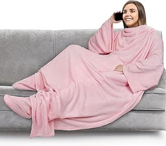 PAVILIA Fleece Blanket with Sleeves and Foot Pockets for Women Men Adults, Wearable Blanket Sleeved Throw Wrap, Plush Hug Sleep Pod Snuggle Blanket Robe, Cozy Gift Ideas Wife Mom, Light Pink