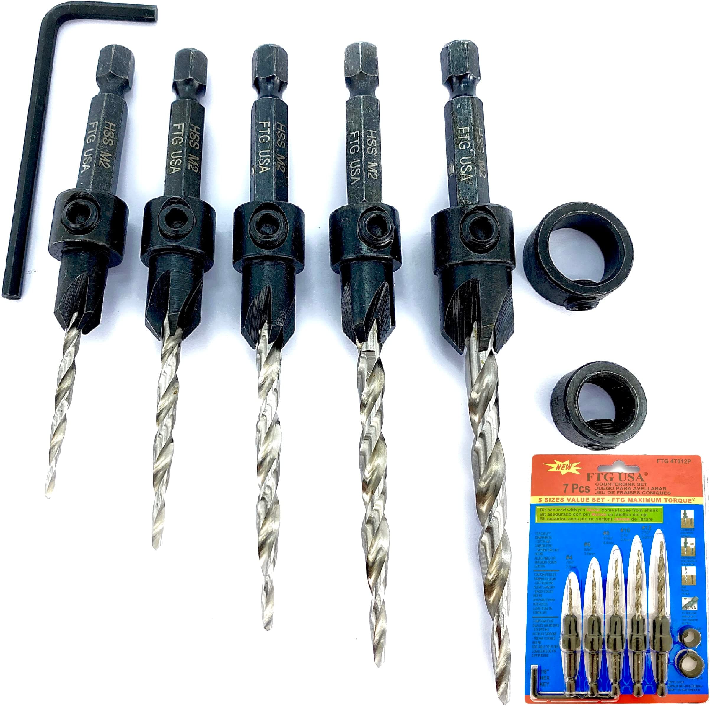 FTG USA Adjustable Wood Countersink Drill Bit Set 5 Pc Countersink Drill Bit #4#6#8#10#12 with Tapered Drill Bit for Woodworking