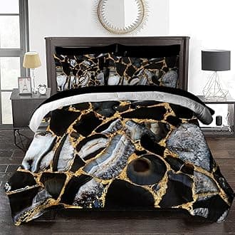 BlessLiving 8 Piece Comforter Set Modern Faux Gold Black Marble Stone Bedding for All Season - 1 Comforter, 2 Pillow Shams, 1 Flat Sheet, 1 Fitted Sheet, 1 Cushion Cover, 2 Pillowcases (Queen Size)