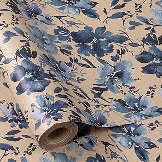 RUSPEPA Blue Floral Gift Wrapping Paper, Indigo Gift Wrap, Watercolor Flower Kraft Paper Roll, Mini Roll Wrapping Paper for Girls, Women, Spring and Birthday, 17 in x 32.8 ft