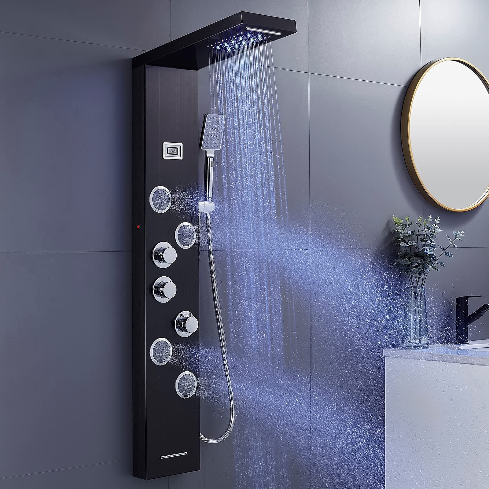MENATT LED Shower Panels Tower System, SUS304 Stainless Steel Bathroom Shower Panel System with 4 Body Jets, Rainfall, Waterfall, Handheld Shower, Tub Faucet (Black)
