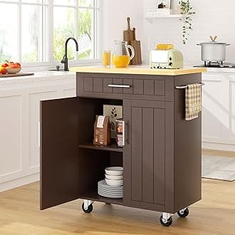 SUNLEI Kitchen Island on Wheels with Storage Cabinet & Drawer, 26" Width Rolling Kitchen Table, Cart Handle for Towel Rack or Free Mobility, Portable Islands for Kitchen, Dining Room(Brown)