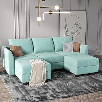 HONBAY Reversible Sectional Sofa with Ottomans & Chaises Modular Sofa U Shaped Couch with Storage Seats, Aqua Blue