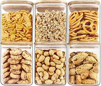 Square Wooden Lid, Glass Jar Food Storage Containers Set, Airtight Food Jars with Kids Kitchen Canisters for Sugar, Candy, Cookie, Rice and Spice Jars (950ML SQUARE JAR, 6 PCS)
