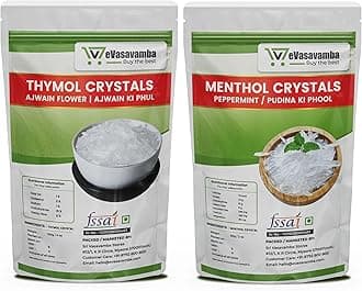 Premium Thymol & Menthol Crystals | 100% Pure & Natural | Ajwain Flower (Thymus Vulgaris) & Mint (Pudina Ka Phool) | Vamu Puvvu | Joni Guti Yamani Ajamo | A++ Grade (Thymol (100g) & Menthol (100g) Crystals)