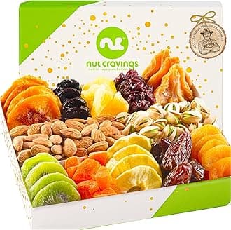 Nut Cravings Gourmet Collection - Dried Fruit and Mixed Nuts Gift Basket in White Gold Box(12 Varieties) Teacher Thank You Arrangement Plate, Birthday Care Package