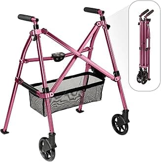 Stander EZ Fold-N-Go Walker Micro, Lightweight Folding Walker for Short Seniors with Swivel Wheels, Regal Rose (Eligible for VAT Relief in The UK)