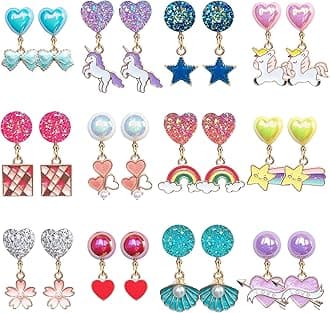 ELEMIRSA 12 Pairs Clip On Earrings Girl Party Favor Princess Clip on Earrings Pretend Play Unicorn Earrings for Little Girl Kids Toddlers Jewelry Set