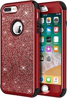 Designed for iPhone 8 Plus, iPhone 7 Plus Case, Heavy Duty Defender Protective Bling Glitter Sparkle Hard Shell Hybrid Shockproof Rubber Bumper Cover for 7 Plus and 8 Plus, Red
