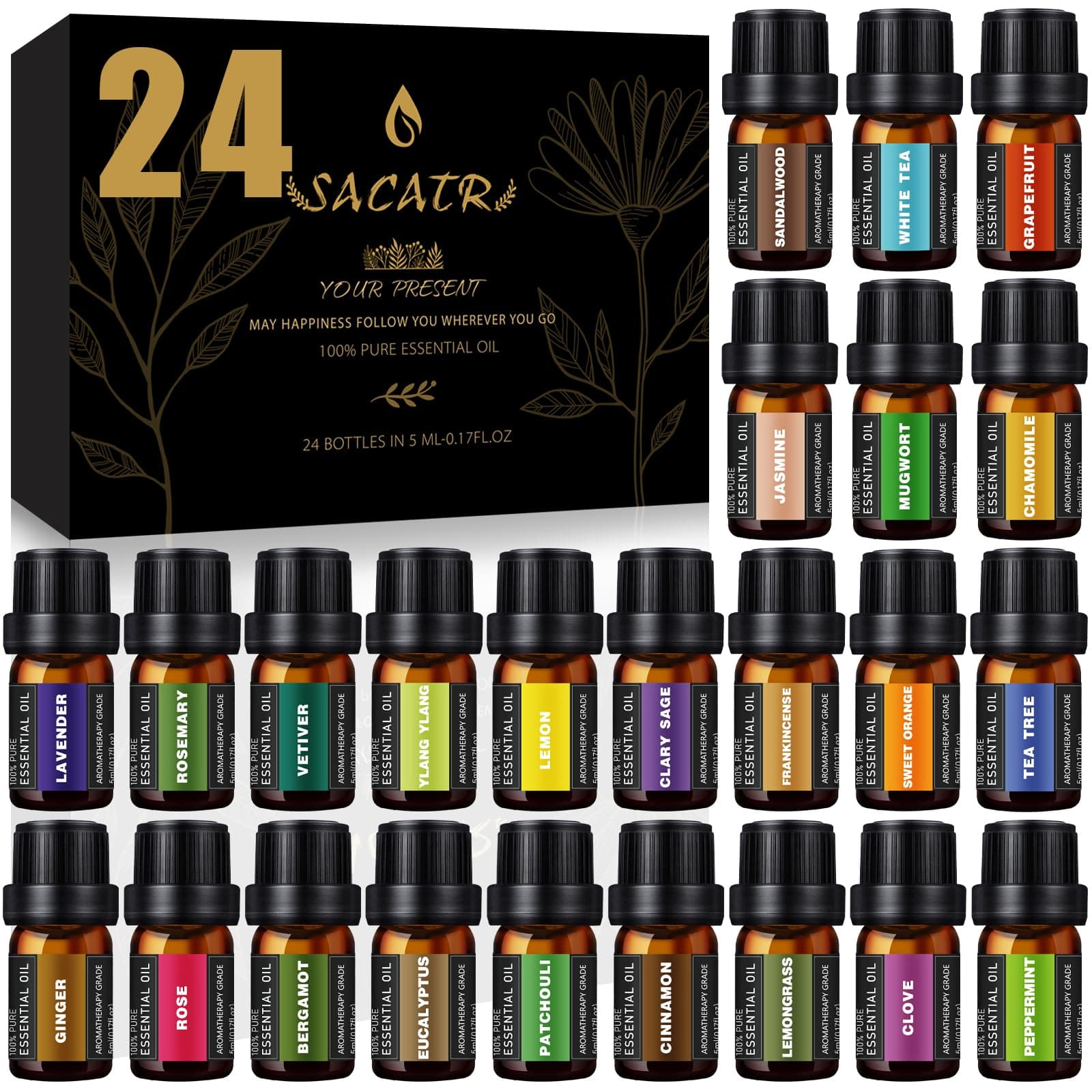 SACATR 24 Pcs Essential Oil Set - Natural Essential Oils - Perfect for Diffuser, Humidifiers, Skin Care, Massage, Fragrance Oil Scent for DIY Candle and Soap Making (24 * 5ml)