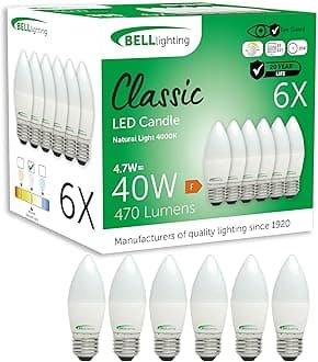 – BELL Lighting E27 Edison Screw Dimmable Light Bulb LED Candle 6 Pack | Natural White 4000K | 470 Lumen 4.7W | Energy Saving Candle LED Light Bulb | 40W Lamp Equivalent