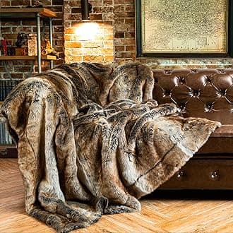 Luxury Brown Faux Fur Blanket Thick Warm Elegant Cozy Fuzzy Throw for Couch, Bed, Sofa Fluffy Blankets Decorative Reversible to Plush Velvet, 50"x60"