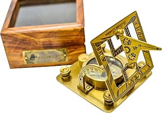 Antique Brass Square Sundials with Wooden Box - Garden Dollond London - Solid Brass Nautical Sundial - Brass Anchor - Beautiful Handcrafted, Pocket Size Sun Dial Sun Clock