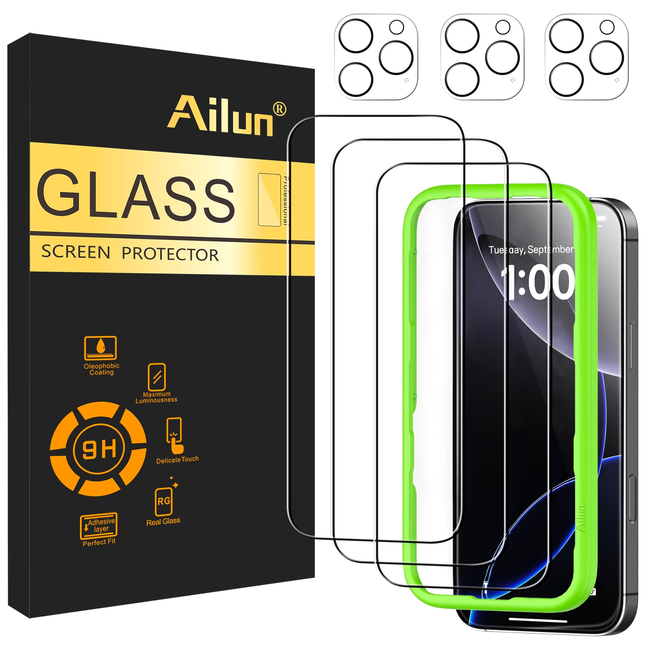 Ailun 3 Pack Screen Protector for iPhone 16 Pro [6.3 inch] + 3 Pack Camera Lens Protector with Installation Frame,Case Friendly Tempered Glass Film,[9H Hardness] - HD [6 Pack]