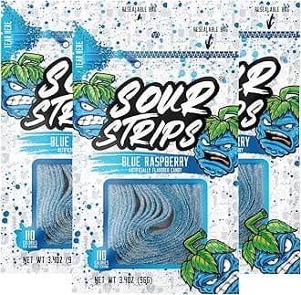 Sour Strips Sour Candy Belts, Blue Raspberry, Resealable Candy Bags, 3.4 Ounce (Pack of 3)
