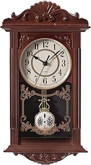 Quickway Imports Vintage Grandfather Wood- Looking Plastic Pendulum Wall Clock for Living Room, Kitchen, or Dining Room, Brown